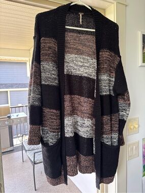 Free People Striped Open-Front Cardigan - Black, Brown & Gray